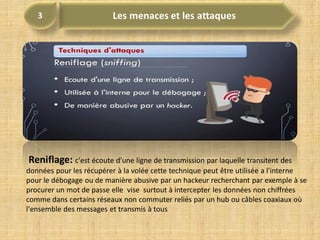 Reniflage: c'est écoute d'une ligne de transmission par laquelle transitent des
données pour les récupérer à la volée cette technique peut être utilisée a l'interne
pour le débogage ou de manière abusive par un hackeur recherchant par exemple à se
procurer un mot de passe elle vise surtout à intercepter les données non chiffrées
comme dans certains réseaux non commuter reliés par un hub ou câbles coaxiaux où
l'ensemble des messages et transmis à tous
 