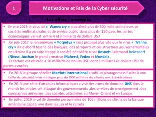 Les effets : exemples
 En mai 2015 le virus loi « Wanna cry » a paralysé plus de 300 mille ordinateurs de
sociétés multinationales et de service public dans plus de 150 pays ,les pertes
économiques varient entre 4 et 8 milliards de dollars USD
 En juin 2017 le ransomware « Notpetya » s'est propagé plus vite que le virus « Wanna
cry » il a d'abord touché des banques, des aéroports et des structures gouvernementales
en Ukraine il a en suite frappé la société pétrolière russe Rosneft l'allemand Beiersdorf
(Nivea) ,Auchan le grand armateur Mahersk, Fedex et Mondelz .
La facture est estimée à 10 milliards de dollars USD dont 3 milliards de dollars USD de
pertes assurées
 En 2018 le groupe hôtelier Marriott international a subi un piratage massif suite à une
faille de sécurité informatique plus de 500 millions de clients ont été dérobées
 En 2019 une série d'attaques informatiques a visé des noms de domaine DNS dans le
monde les pirates ont attaqué des gouvernements ,des services de renseignement ,des
compagnies aériennes ,des sociétés pétrolières au Moyen-Orient et en Europe
 En juillet 2019 le vol de données personnelles de 106 millions de clients de la banque
américaine capital one dans les usa et le canada
 