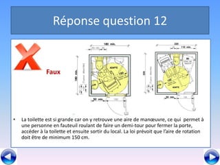Réponse question 12


               Faux




•   La toilette est si grande car on y retrouve une aire de manœuvre, ce qui permet à
    une personne en fauteuil roulant de faire un demi-tour pour fermer la porte,
    accéder à la toilette et ensuite sortir du local. La loi prévoit que l’aire de rotation
    doit être de minimum 150 cm.
 