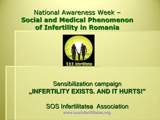 National Awareness Week –
Social and Medical Phenomenon
    of Infertility in Romania




        Sensibilization campaign
 „INFERTILITY EXISTS. AND IT HURTS!”

      SOS Infertilitatea Association
            www.sosinfertilitatea.org
 