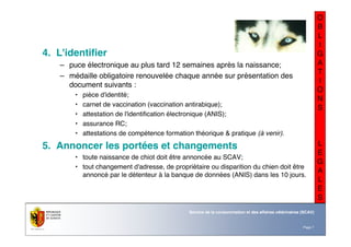 Nom du service ou
office
Département du territoire
Page 7
Service de la consommation et des affaires vétérinaires (SCAV)
O
B
L
I
G
A
T
I
O
N
S
L
E
G
A
L
E
S
4. L'identifier
– puce électronique au plus tard 12 semaines après la naissance;
– médaille obligatoire renouvelée chaque année sur présentation des
document suivants :
• pièce d'identité;
• carnet de vaccination (vaccination antirabique);
• attestation de l'identification électronique (ANIS);
• assurance RC;
• attestations de compétence formation théorique & pratique (à venir).
5. Annoncer les portées et changements
• toute naissance de chiot doit être annoncée au SCAV;
• tout changement d'adresse, de propriétaire ou disparition du chien doit être
annoncé par le détenteur à la banque de données (ANIS) dans les 10 jours.
 