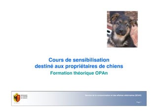 Page 1
Service de la consommation et des affaires vétérinaires (SCAV)
Cours de sensibilisation
destiné aux propriétaires de chiens
Formation théorique OPAn
 