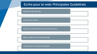 Ecrire pour le web: Principales Guidelines
Recherche de mots-clés.
Structurer le contenu.
Ecrire pour l’internaute et non ...