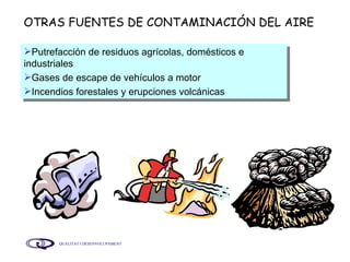OTRAS FUENTES DE CONTAMINACIÓN DEL AIRE Putrefacción de residuos agrícolas, domésticos e industriales Gases de escape de vehículos a motor Incendios forestales y erupciones volcánicas 