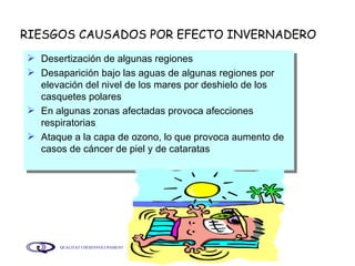 RIESGOS CAUSADOS POR EFECTO INVERNADERO Desertización de algunas regiones Desaparición bajo las aguas de algunas regiones por elevación del nivel de los mares por deshielo de los casquetes polares En algunas zonas afectadas provoca afecciones respiratorias Ataque a la capa de ozono, lo que provoca aumento de casos de cáncer de piel y de cataratas 