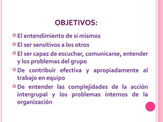 OBJETIVOS: El entendimiento de sí mismos   El ser sensitivos a los otros   El ser capaz de escuchar, comunicarse, entender y los problemas del grupo De contribuir efectiva y apropiadamente al trabajo en equipo   De entender las complejidades de la acción intergrupal y los problemas internos de la organización   