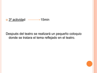 3º actividad                 15minDespués del teatro se realizará un pequeño coloquio donde se tratara el tema reflejado en el teatro.