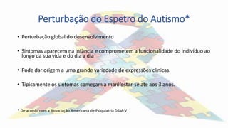 Perturbação do Espetro do Autismo*
• Perturbação global do desenvolvimento
• Sintomas aparecem na infância e comprometem a funcionalidade do indivíduo ao
longo da sua vida e do dia a dia
• Pode dar origem a uma grande variedade de expressões clinicas.
• Tipicamente os sintomas começam a manifestar-se ate aos 3 anos.
* De acordo com a Associação Americana de Psiquiatria DSM-V
 