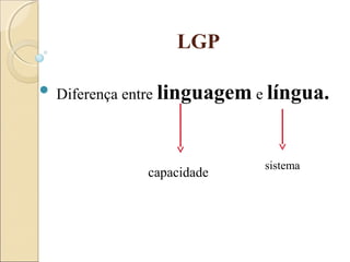 LGP
 Diferença entre linguagem e língua.
capacidade
sistema
 