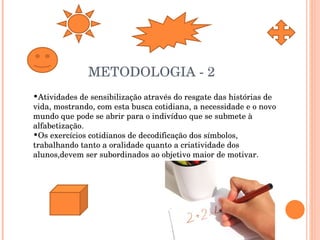 METODOLOGIA - 2 Atividades de sensibilização através do resgate das histórias de vida, mostrando, com esta busca cotidiana, a necessidade e o novo mundo que pode se abrir para o indivíduo que se submete à alfabetização.  Os exercícios cotidianos de decodificação dos símbolos, trabalhando tanto a oralidade quanto a criatividade dos alunos,devem ser subordinados ao objetivo maior de motivar. 