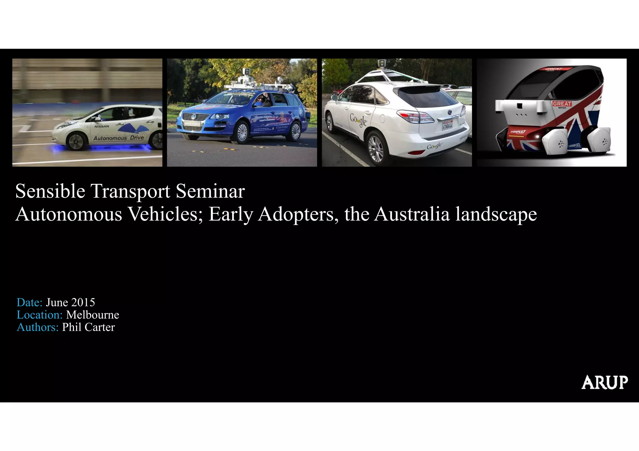 Date: June 2015
Location: Melbourne
Authors: Phil Carter
Sensible Transport Seminar
Autonomous Vehicles; Early Adopters, the Australia landscape
 