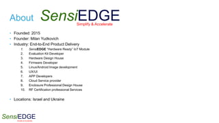 SensiEDGESimplify & Accelerate
• Founded: 2015
• Founder: Milan Yudkovich
• Industry: End-to-End Product Delivery
1. SensiEDGE “Hardware Ready” IoT Module
2. Evaluation Kit Developer
3. Hardware Design House
4. Firmware Developer
5. Linux/Android Image development
6. UX/UI
7. APP Developers
8. Cloud Service provider
9. Enclosure Professional Design House
10. RF Certification professional Services
• Locations: Israel and Ukraine
About SensiEDGESimplify & Accelerate
 