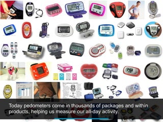Today pedometers come in thousands of packages and within
products, helping us measure our all-day activity.
 