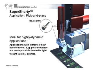 PRESENTATION : New Tech


    SuperShorty™
      p       y
    Application: Pick-and-place
                            Ø6.5 x 6mm




    Ideal for highly-dynamic
    applications
    Applications with extremely high
    accelerations, e. g. pick-and-place,
    are made possible due to its light
          d         ibl d t it li ht
    weight (just 0.7 grams).



WWW.BALLUFF.COM
 