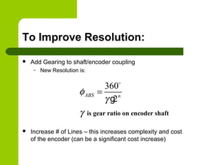To Improve Resolution:
 Add Gearing to shaft/encoder coupling
– New Resolution is:
 Increase # of Lines – this increases complexity and cost
of the encoder (can be a significant cost increase)
360
2
is gear ratio on encoder shaft
ABS n
φ
γ
γ
=
o
g
 