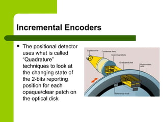 Incremental Encoders
 The positional detector
uses what is called
“Quadrature”
techniques to look at
the changing state of
the 2-bits reporting
position for each
opaque/clear patch on
the optical disk
 