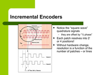 Incremental Encoders
 Notice the “square wave”
quadrature signals
– they are offset by “½ phase”
 Each patch resolves into 22
or 4 positions!
 Without hardware change,
resolution is a function of the
number of patches – or lines
 