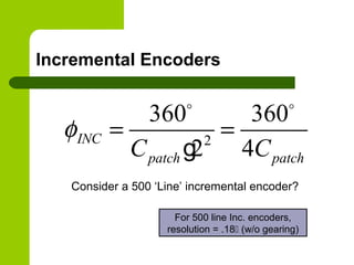 Incremental Encoders
2
360 360
2 4
INC
patch patchC C
φ = =
o o
g
For 500 line Inc. encoders,
resolution = .18 (w/o gearing)
Consider a 500 ‘Line’ incremental encoder?
 