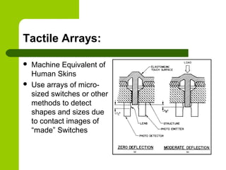 Tactile Arrays:
 Machine Equivalent of
Human Skins
 Use arrays of micro-
sized switches or other
methods to detect
shapes and sizes due
to contact images of
“made” Switches
 