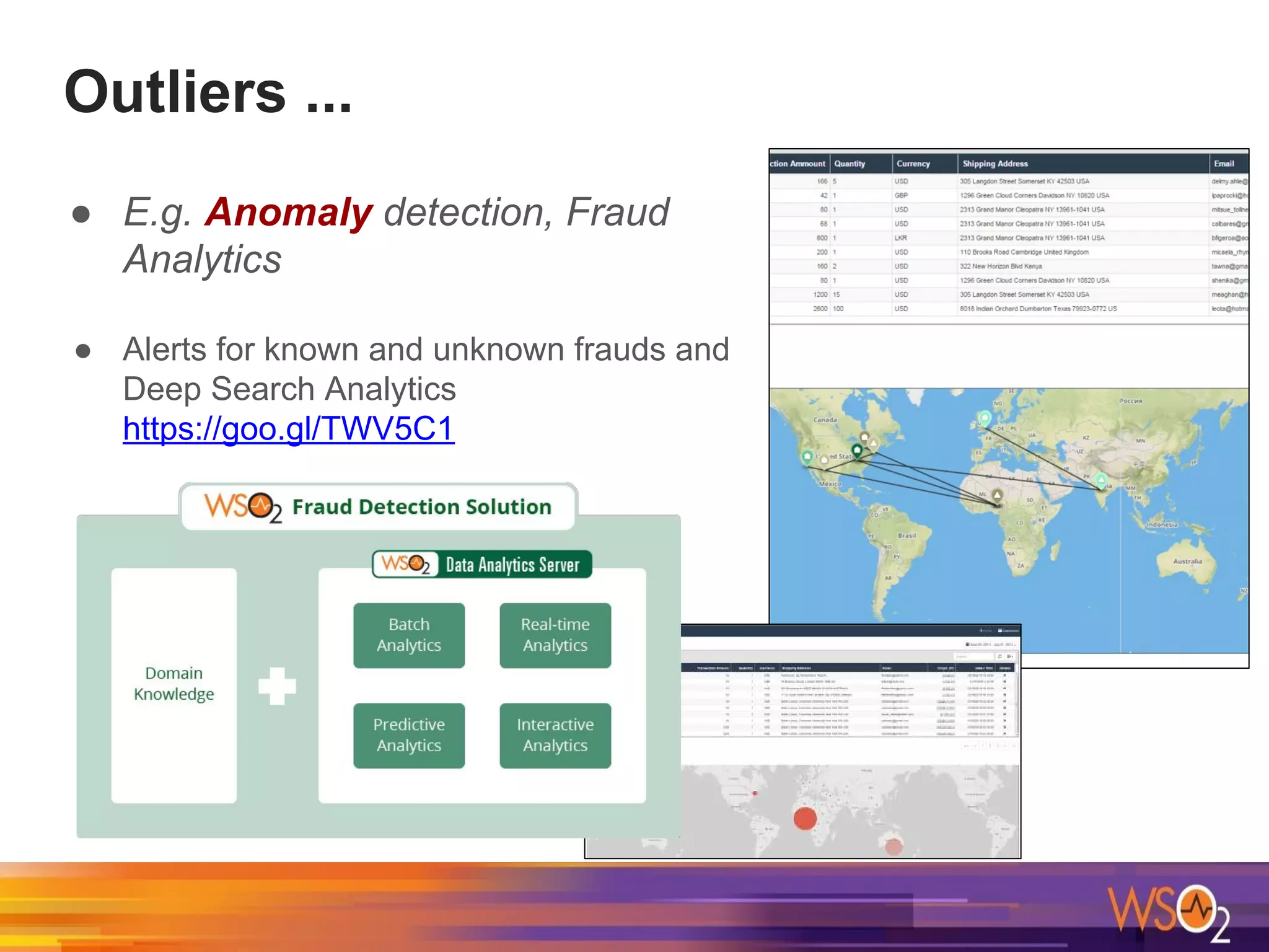 Outliers ...
● E.g. Anomaly detection, Fraud
Analytics
● Alerts for known and unknown frauds and
Deep Search Analytics
https://goo.gl/TWV5C1
 