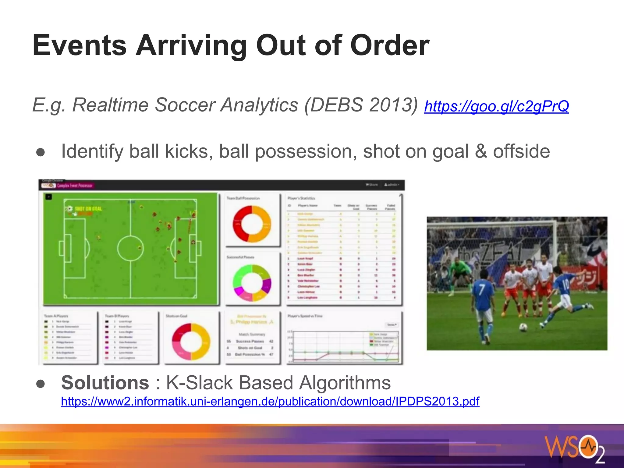 Events Arriving Out of Order
E.g. Realtime Soccer Analytics (DEBS 2013) https://goo.gl/c2gPrQ
● Identify ball kicks, ball possession, shot on goal & offside
● Solutions : K-Slack Based Algorithms
https://www2.informatik.uni-erlangen.de/publication/download/IPDPS2013.pdf
 