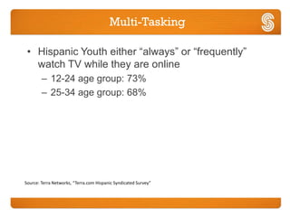 Multi-Tasking

 • Hispanic Youth either “always” or “frequently”
   watch TV while they are online
        – 12-24 age group: 73%
        – 25-34 age group: 68%




Source: Terra Networks, “Terra.com Hispanic Syndicated Survey”
 