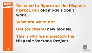 We need to figure out the Hispanic
     market, but old models don’t
     work…
     What are we to do?
     Use (or create) new models.
     This is why we undertook the
     Hispanic Persona Project
20
 