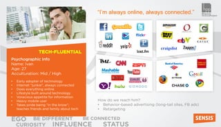 “I’m always online, always connected.”




                  TECH-FLUENTIAL
Psychographic Info
Name: Ivan
Age: 27
Acculturation: Mid / High
•    Early adopter of technology
•    Internet “junkie”, always connected
•    Does everything online
•    Lifestyle built around technology
•    Voracious appetite for information
•    Heavy mobile user                       How do we reach him?
•    Takes pride being “in the know”;        • Behavior-based advertising (long-tail sites, FB ads)
     teaches friends and family about tech   • Retargeting

EGO
35        BE DIFFERENT BE CONNECTED
     CURIOSITY INFLUENCE      STATUS
 