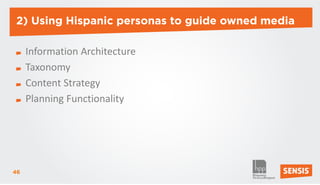 2) Using Hispanic personas to guide owned media

     Information Architecture
     Taxonomy
     Content Strategy
     Planning Functionality




46
 
