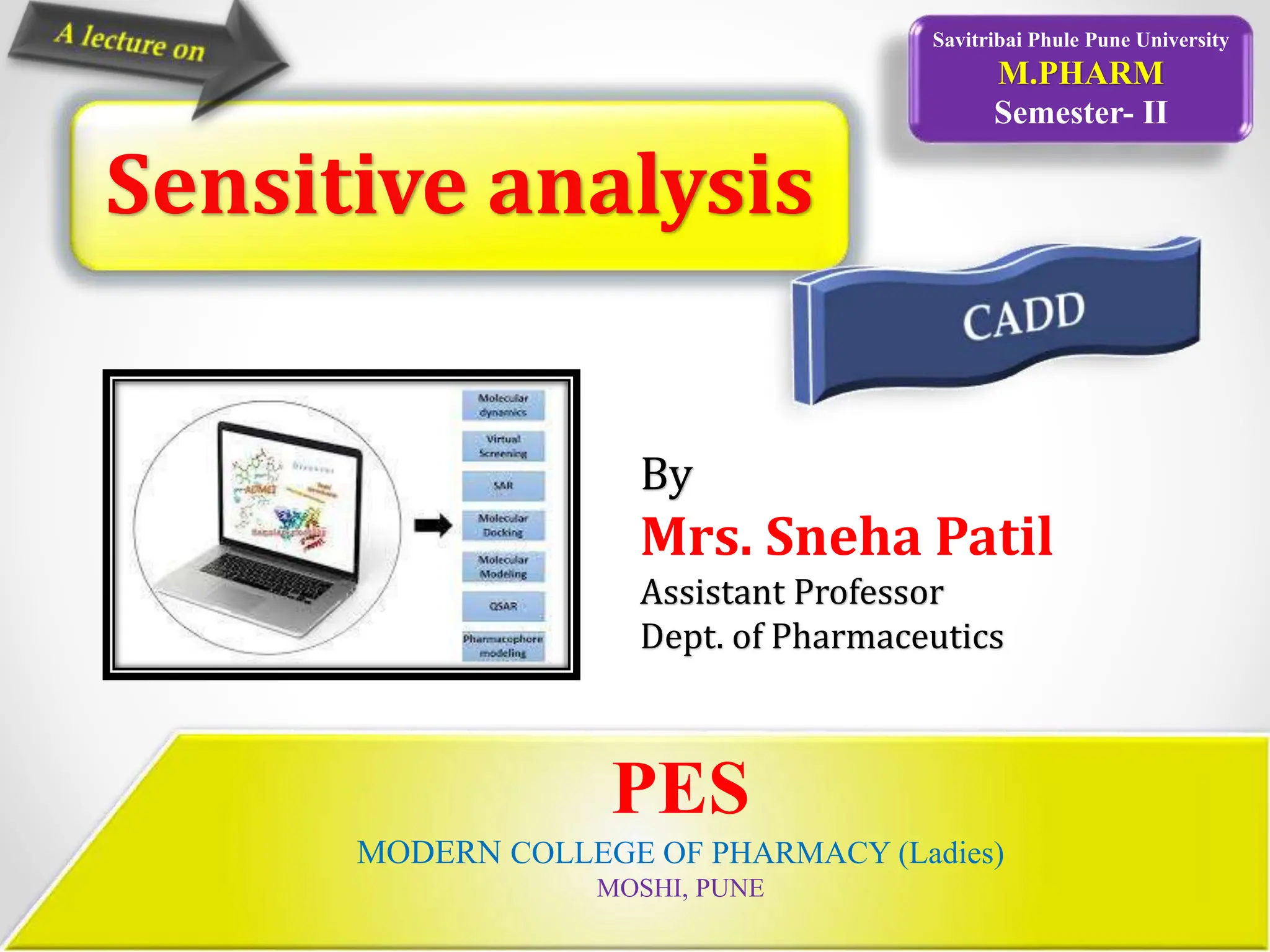 PES
MODERN COLLEGE OF PHARMACY (Ladies)
MOSHI, PUNE
Savitribai Phule Pune University
M.PHARM
Semester- II
By
Mrs. Sneha Patil
Assistant Professor
Dept. of Pharmaceutics
Sensitive analysis
 