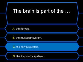The brain is part of the …


A. the nerves.


B. the muscular system.


C. the nervous system.


D. the locomotor system .
 