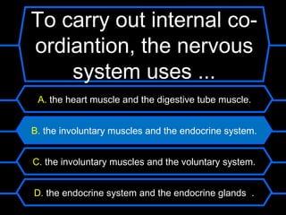 To carry out internal co-
ordiantion, the nervous
    system uses ...
 A. the heart muscle and the digestive tube muscle.


B. the involuntary muscles and the endocrine system.


C. the involuntary muscles and the voluntary system.


D. the endocrine system and the endocrine glands .
 