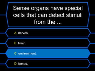 Sense organs have special
cells that can detect stimuli
         from the ...
A. nerves.


B. brain.


C. environment.


D. bones.
 