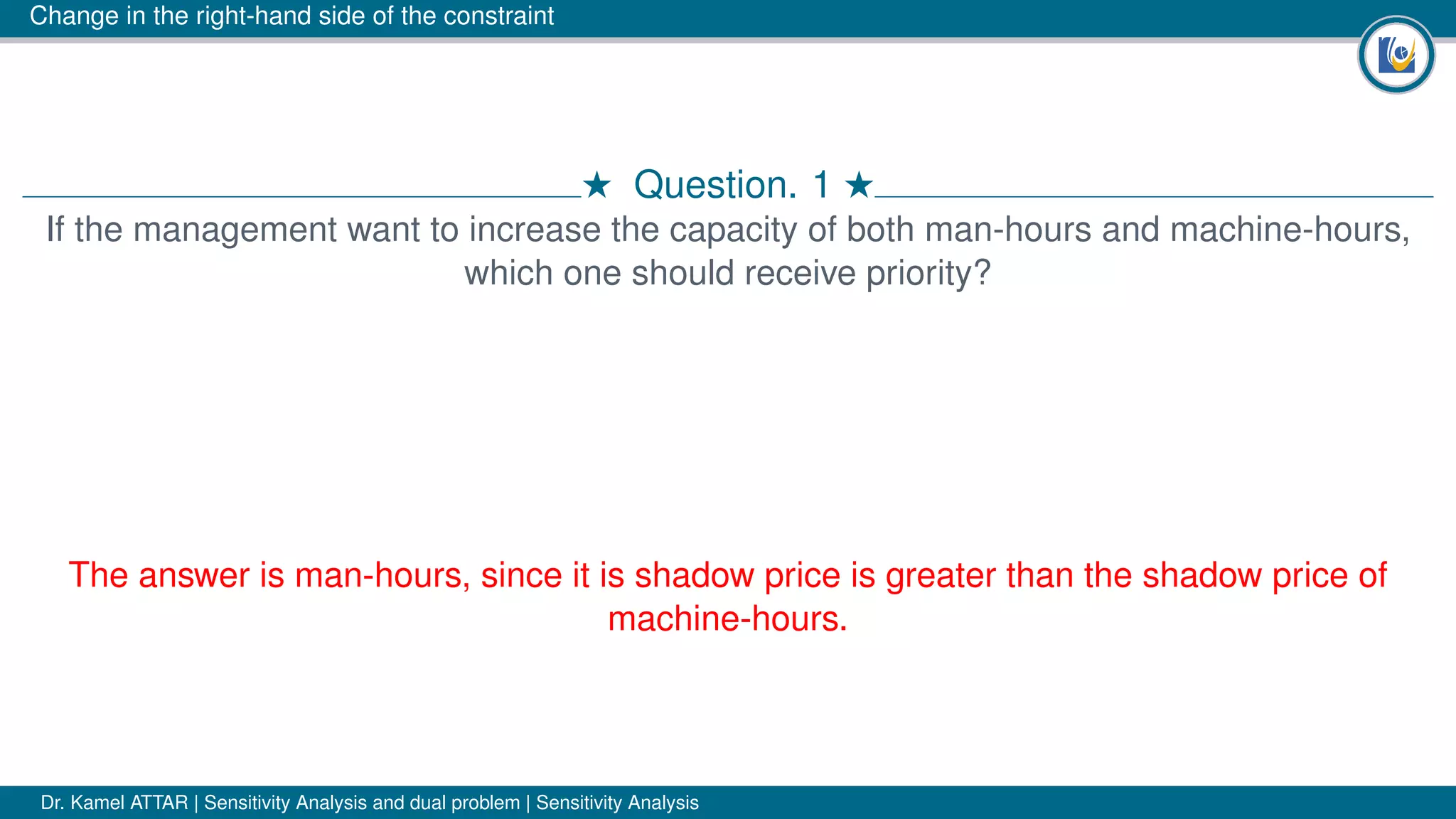 Change in the right-hand side of the constraint
# Question. 1 #
If the management want to increase the capacity of both man-hours and machine-hours,
which one should receive priority?
The answer is man-hours, since it is shadow price is greater than the shadow price of
machine-hours.
Dr. Kamel ATTAR | Sensitivity Analysis and dual problem | Sensitivity Analysis
 