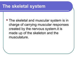 The skeletal system

  Theskeletal and muscular system is in
  charge of carrying muscular responses
  created by the nervous system.it is
  made up of the skeleton and the
  musculature.
 