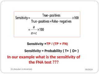 Sensitivity =TP / (TP + FN)
In our example what is the sensitivity of
the FNA test ???
Sensitivity = Probability ( T+ | D+ )
09/29/24
Dr-Abdullah A.Almikhlafy
 