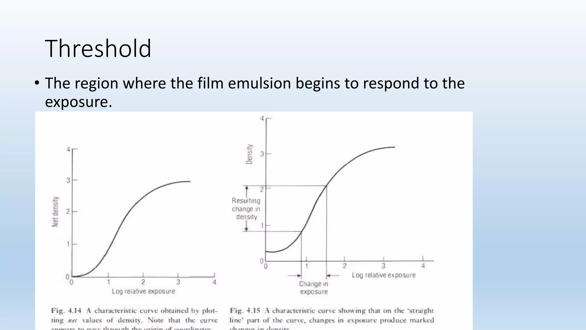 Threshold
• The region where the film emulsion begins to respond to the
exposure.
 