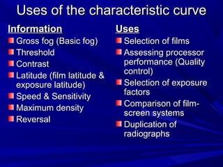 Uses of the characteristic curve
Information
Gross fog (Basic fog)
Threshold
Contrast
Latitude (film latitude &
exposure latitude)
Speed & Sensitivity
Maximum density
Reversal

Uses
Selection of films
Assessing processor
performance (Quality
control)
Selection of exposure
factors
Comparison of filmscreen systems
Duplication of
radiographs

 