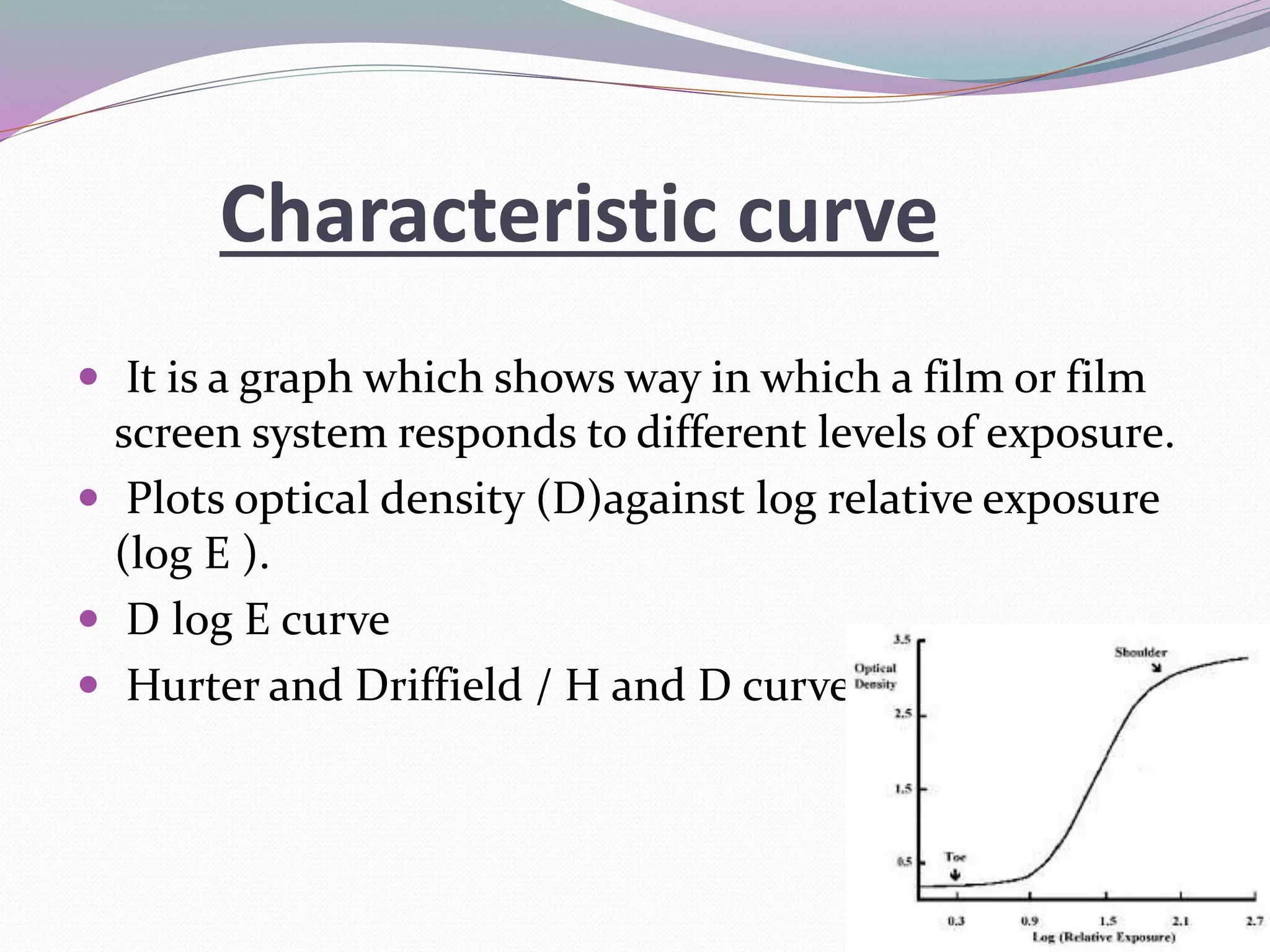 Characteristic curve
 It is a graph which shows way in which a film or film
screen system responds to different levels of exposure.
 Plots optical density (D)against log relative exposure
(log E ).
 D log E curve
 Hurter and Driffield / H and D curve
 