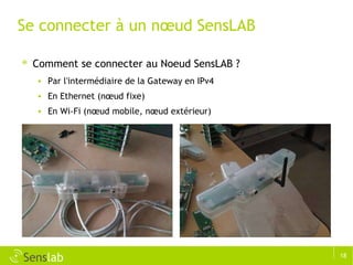 Se connecter à un nœud SensLAB Comment se connecter au Noeud SensLAB ? Par l'intermédiaire de la Gateway en IPv4 En Ethernet (nœud fixe) En Wi-Fi (nœud mobile, nœud extérieur) 