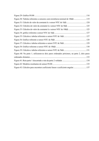 10
Figura 29: Gráfico Pt100........................................................................................................116
Figura 30: Tabelas referentes a sensores com resistência nominal de 10kΩ .........................119
Figura 31: Cálculo do valor da constante k o sensor NTC de 1kΩ........................................124
Figura 32: Cálculos do valor da constante k o sensor NTC de 5kΩ ......................................125
Figura 33: Cálculos do valor da constante k o sensor NTC de 10kΩ ....................................125
Figura 34: gráfico referente a sensor NTC de 1kΩ ................................................................127
Figura 35: Cálculos e tabelas referentes a sensor NTC de 1kΩ .............................................127
Figura 36: Gráfico referente a sensor NTC de 5kΩ ...............................................................128
Figura 37: Cálculos e tabelas referentes a sensor NTC de 5kΩ .............................................129
Figura 38: Gráfico referente a sensor NTC de 10kΩ .............................................................130
Figura 39: Cálculos e tabelas referentes a sensor NTC de 5kΩ .............................................131
Figura 40: Na parte 1, utilizaram-se dois pares ordenados próximos, na parte 2, dois pares
ordenados distantes.................................................................................................................133
Figura 41: Reta parte 1 descartada e reta da parte 2 validada ................................................134
Figura 42: Modelos resultantes do sensor Pt100....................................................................135
Figura 43: Cálculos para encontrar coeficiente linear e coeficiente angular..........................137
 