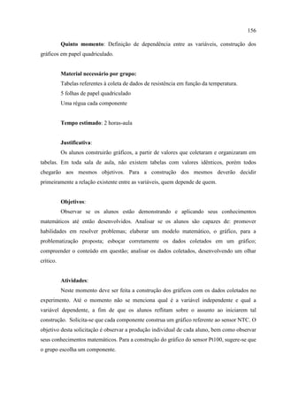 156
Quinto momento: Definição de dependência entre as variáveis, construção dos
gráficos em papel quadriculado.
Material necessário por grupo:
Tabelas referentes à coleta de dados de resistência em função da temperatura.
5 folhas de papel quadriculado
Uma régua cada componente
Tempo estimado: 2 horas-aula
Justificativa:
Os alunos construirão gráficos, a partir de valores que coletaram e organizaram em
tabelas. Em toda sala de aula, não existem tabelas com valores idênticos, porém todos
chegarão aos mesmos objetivos. Para a construção dos mesmos deverão decidir
primeiramente a relação existente entre as variáveis, quem depende de quem.
Objetivos:
Observar se os alunos estão demonstrando e aplicando seus conhecimentos
matemáticos até então desenvolvidos. Analisar se os alunos são capazes de: promover
habilidades em resolver problemas; elaborar um modelo matemático, o gráfico, para a
problematização proposta; esboçar corretamente os dados coletados em um gráfico;
compreender o conteúdo em questão; analisar os dados coletados, desenvolvendo um olhar
crítico.
Atividades:
Neste momento deve ser feita a construção dos gráficos com os dados coletados no
experimento. Até o momento não se menciona qual é a variável independente e qual a
variável dependente, a fim de que os alunos reflitam sobre o assunto ao iniciarem tal
construção. Solicita-se que cada componente construa um gráfico referente ao sensor NTC. O
objetivo desta solicitação é observar a produção individual de cada aluno, bem como observar
seus conhecimentos matemáticos. Para a construção do gráfico do sensor Pt100, sugere-se que
o grupo escolha um componente.
 