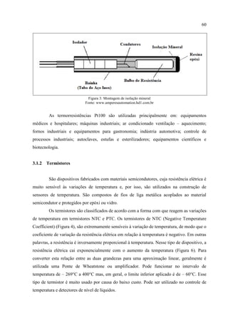 60
Figura 3: Montagem de isolação mineral
Fonte: www.amperesautomation.hd1.com.br
As termorresistências Pt100 são utilizadas principalmente em: equipamentos
médicos e hospitalares; máquinas industriais; ar condicionado ventilação – aquecimento;
fornos industriais e equipamentos para gastronomia; indústria automotiva; controle de
processos industriais; autoclaves, estufas e esterilizadores; equipamentos científicos e
biotecnologia.
3.1.2 Termistores
São dispositivos fabricados com materiais semicondutores, cuja resistência elétrica é
muito sensível às variações de temperatura e, por isso, são utilizados na construção de
sensores de temperatura. São compostos de fios de liga metálica acoplados ao material
semicondutor e protegidos por epóxi ou vidro.
Os termistores são classificados de acordo com a forma com que reagem as variações
de temperatura em termistores NTC e PTC. Os termistores de NTC (Negative Temperature
Coefficient) (Figura 4), são extremamente sensíveis à variação de temperatura, de modo que o
coeficiente de variação da resistência elétrica em relação à temperatura é negativo. Em outras
palavras, a resistência é inversamente proporcional à temperatura. Nesse tipo de dispositivo, a
resistência elétrica cai exponencialmente com o aumento da temperatura (Figura 6). Para
converter esta relação entre as duas grandezas para uma aproximação linear, geralmente é
utilizada uma Ponte de Wheatstone ou amplificador. Pode funcionar no intervalo de
temperatura de – 269°C a 400°C mas, em geral, o limite inferior aplicado é de – 60°C. Esse
tipo de termistor é muito usado por causa do baixo custo. Pode ser utilizado no controle de
temperatura e detectores de nível de líquidos.
 