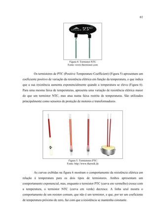 61
Figura 4: Termistor NTC
Fonte: www.thermistor.com
Os termistores de PTC (Positive Temperature Coefficient) (Figura 5) apresentam um
coeficiente positivo de variação da resistência elétrica em função da temperatura, o que indica
que a sua resistência aumenta exponencialmente quando a temperatura se eleva (Figura 6).
Para uma mesma faixa de temperaturas, apresenta uma variação de resistência elétrica maior
do que um termistor NTC, mas atua numa faixa restrita de temperaturas. São utilizados
principalmente como sensores de proteção de motores e transformadores.
Figura 5: Termistores PTC
Fonte: http://www.thermik.de
As curvas exibidas na figura 6 mostram o comportamento da resistência elétrica em
relação à temperatura para os dois tipos de termistores. Ambos apresentam um
comportamento exponencial, mas, enquanto o termistor PTC (curva em vermelho) cresce com
a temperatura, o termistor NTC (curva em verde) decresce. A linha azul mostra o
comportamento de um resistor comum, que não é um termistor, e que, por ter um coeficiente
de temperatura próximo de zero, faz com que a resistência se mantenha constante.
 