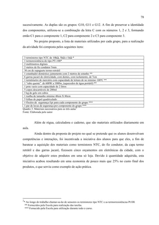 78
sucessivamente. As duplas são os grupos: G10, G11 e G12. A fim de preservar a identidade
dos componentes, utilizou-se a combinação da letra C com os números 1, 2 e 3, formando
então C1 para o componente 1, C2 para componente 2 e C3 para componente 3.
No projeto proposto, a lista de materiais utilizados por cada grupo, para a realização
da atividade foi composta pelos seguintes itens:
3 termistores tipo NTC de 10kΩ, 5kΩ e 1kΩ *
1 termoresistência do tipo PT-100*
2 multímetros digitais
2 metros de fio condutor 5mm
30 cm de espaguete termo-retrátil
1 estanhador doméstico juntamente com 2 metros de estanho **
6 garras jacaré de eletricidade, com dentes, com isolamento, de 7cm
1 termômetro de mercúrio com capacidade de leitura de no mínimo 100ºC **
1 “rabo quente” de 600W a 1000w, (aquecedor de água portátil) **
1 pote vazio com capacidade de 2 litros
5 copos descartáveis de 200ml
3 kg de gelo em cubos
1 toalha de tamanho mínimo 40cm X 80cm
5 folhas de papel quadriculado
1 Óculos de segurança Epi para cada componente do grupo ***
1 par de luvas de segurança por componente do grupo ***
Quadro 3: Materiais necessários para as três aulas2
Fonte: Elaborada pelo autor
Além de régua, calculadora e caderno, que são materiais utilizados diariamente em
aula.
Ainda dentro da proposta do projeto no qual se pretende que os alunos desenvolvam
competências e interações, foi incentivada a iniciativa dos alunos para que eles, a fim de
baratear a aquisição dos materiais como termistores NTC, do fio condutor, da capa termo
retrátil e das garras jacaré, fizessem cinco orçamentos em eletrônicas da cidade, com o
objetivo de adquirir estes produtos em uma só loja. Devido à quantidade adquirida, esta
iniciativa acabou resultando em uma economia de pouco mais que 25% no custo final dos
produtos, o que serviu como exemplo de ação prática.
2
* Ao longo do trabalho chamar-se-ão de sensores os termistores tipo NTC e as termorresistências Pt100.
** Fornecidos pela Escola para realização das tarefas.
*** Fornecido pela Escola para utilização durante todo o curso.
 