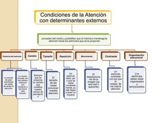 Condiciones de la Atención
                                   con determinantes externos


                                     proceden del medio y posibilitan que el individuo mantenga la
                                           atención hacia los estímulos que se le proponen




                          Cambio                                                                                   Organización
Potencia del estímulo                 Tamaño         Repetición          Movimiento             Contraste           estructural




                                                                                                          un
                                                               Un                    El               estímulo          Los
                 Lo mismo      Siempre                      estimulo                                                 estímulos
  un sonido                     que se        El                               desplazamie            contrasta
                sucede con                                 débil, per             nto de la          con los que    deben estar
   de gran      los colores    presenta    tamaño           o que se
 intensidad       intensos    un cambio                                         imagen (ya                le        organizados
                                            de las            repite                                 rodean, lla
  es capaz           con         que                                             sea real o                              y
 de atraer la                               cosas          constante                                  ma más la
                respecto a     modifica                    mente, pu             aparente)                         jerarquizados
  atención.      los tonos                provocan                                                    atención
                               nuestro                     ede llegar
                    más       campo de     nuestra
                   suaves.                atención         a tener un
                              percepció                     impacto
                                  n
 