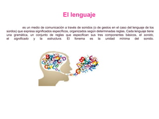 El lenguaje
es un medio de comunicación a través de sonidos (o de gestos en el caso del lenguaje de los
sordos) que expresa significados específicos, organizados según determinadas reglas. Cada lenguaje tiene
una gramática, un conjunto de reglas que especifican sus tres componentes básicos, el sonido,
el significado y la estructura. El fonema es la unidad mínima del sonido.
 