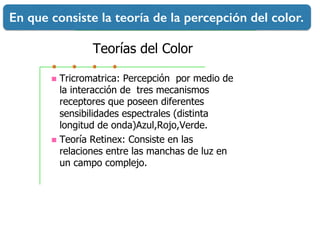 Teorías del Color
!  Tricromatrica: Percepción por medio de
la interacción de tres mecanismos
receptores que poseen diferentes
sensibilidades espectrales (distinta
longitud de onda)Azul,Rojo,Verde.
!  Teoría Retinex: Consiste en las
relaciones entre las manchas de luz en
un campo complejo.
En que consiste la teoría de la percepción del color.
 