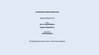 UNIVERSIDAD IBEROAMERICANA
SENSOPERCEPCION
POR:
DEYSY MADROÑERO.
YADIRA PERDOMO A.
DOCENTE:
PETER MURCIA
PROGRAMA DE PSICOLOGIA Y CIENCIAS HUMANAS.
 