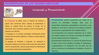 PSICOFISIOLOGÍA DE LOS PROCESO MENTALES
Lenguaje y Pensamiento
Pensamiento: proceso cognoscitivo que consta de un
conjunto de actividades mentales, tales como el
razonamiento, abstracción, generalización, entre otras, y cuya
finalidad es, entre otras, la resolución de problemas, adopción
de decisiones y representación de la realidad externa.
Los pensamientos son productos elaborados por la mente,
que pueden aparecer por procesos racionales del intelecto o
bien por abstracciones de la imaginación.
El pensamiento puede abarcar un conjunto de operaciones de
la razón, como lo son el análisis, la síntesis, la comparación,
la generalización y la abstracción. Por otra parte, hay que
tener en cuenta que se manifiesta en el lenguaje e, incluso, lo
determina.
El lenguaje se define como un sistema de símbolos y
signos para comunicar ideas. Expresa el pensamiento e
influye en nuestra forma de conocer el mundo. En el
intervienen otros procesos cognitivos como la percepción, la
atención y la memoria.
El lenguaje es un proceso psicológico fundamental porque
facilita otras funciones cognitivas y media en muchos tipos de
aprendizaje.
El lenguaje es heredado y adquirido: es necesaria la
estructura cerebral, que se trae al nacer para que sobre ella el
entorno social (familia, cultura) pueda imprimir la estimulación
que permite el desarrollo psicolingüístico.
 